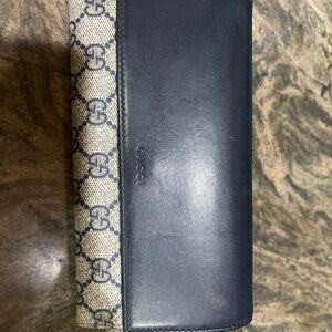 Navy blue and beige printed GG monogram continental leather wallet